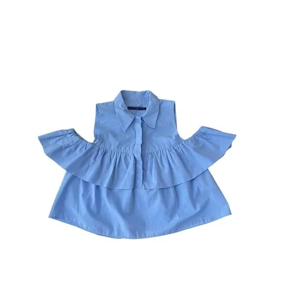 Zara blue ruffle button up off the shoulder top Size Small women's - Picture 5 of 12